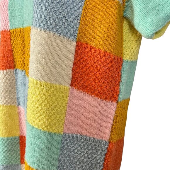 Vintage Peterpan Collar Brady Bunch Groovy Checkered Sweater 70s Patchwork M - Picture 9 of 14